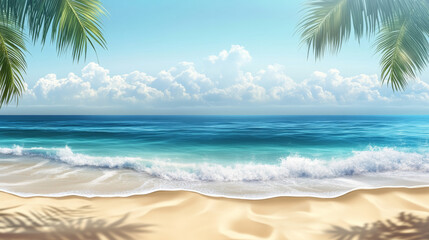 serene beach scene featuring gentle waves lapping at shore, with clear blue skies and fluffy clouds in background. Palm leaves frame image, enhancing tropical atmosphere