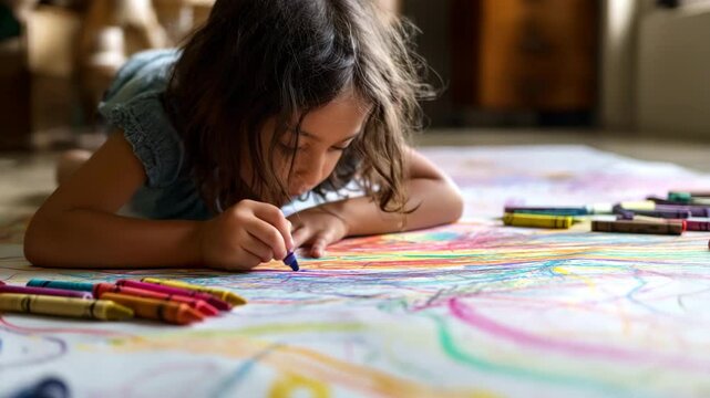 A focused young girl is lying down and coloring enthusiastically with crayons, surrounded by colorful art she has created on a large sheet of paper, showcasing her creativity.