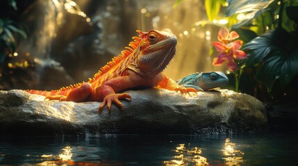 Obraz premium Two vibrant lizards bask in a lush, tropical enclosure