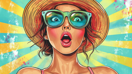 stylish woman with surprised expression, wearing oversized sunglasses and straw hat, exudes vibrant summer vibe against colorful background. Her expression captures excitement and joy