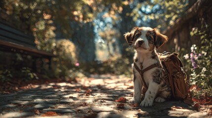 Adorable puppy wearing a backpack sits on a pathway.