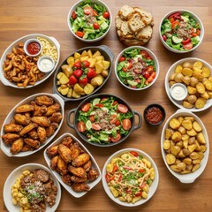An overhead shot of a variety of dishes including salads wings and potatoes on a wooden table top