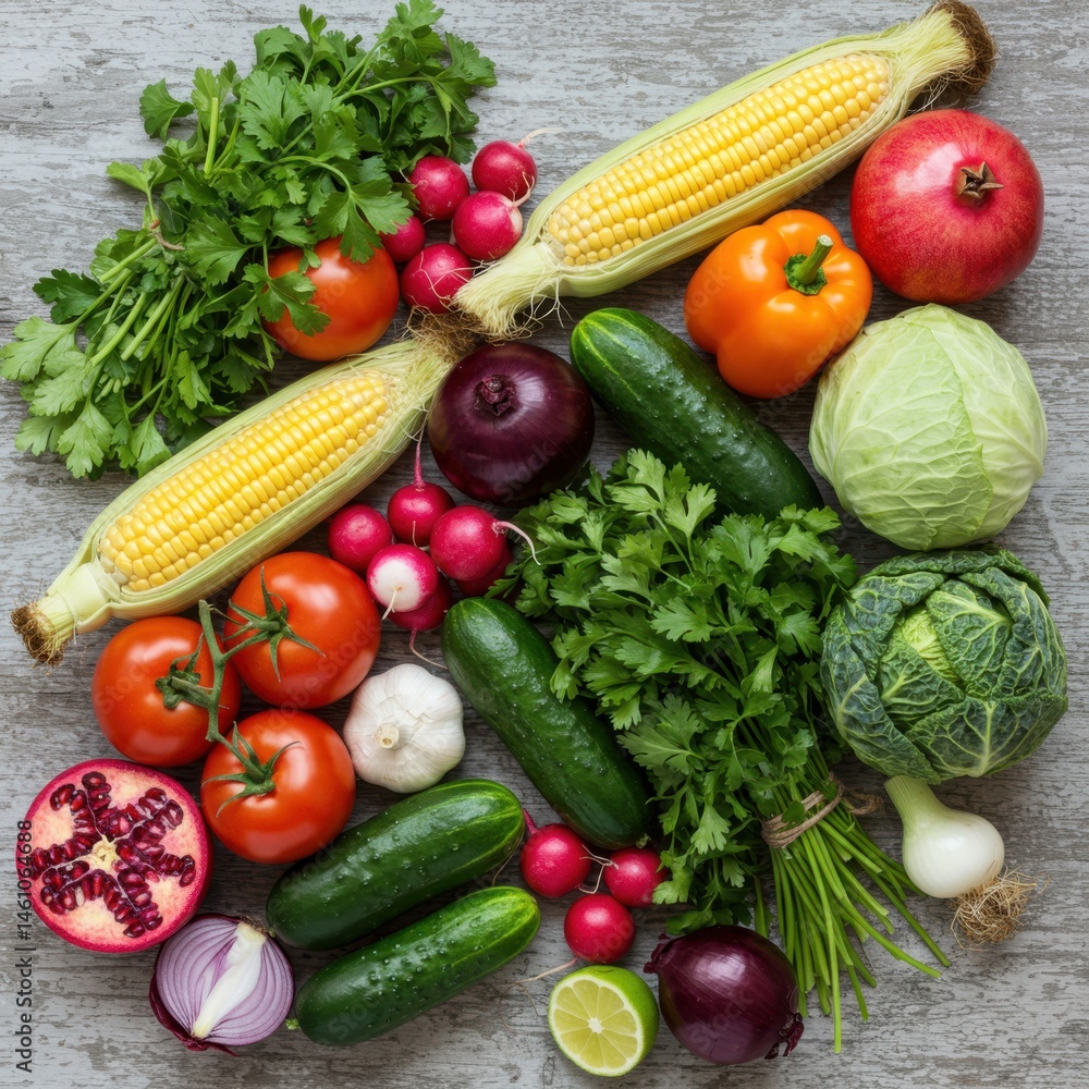 Poster a vibrant assortment of fresh produce displayed on a textured gray surface creating a colorful still