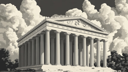 Obraz premium Elegant design for card featuring ancient Greek temple with tall columns, intricate details, and dramatic clouds in background, evoking sense of history and grandeur