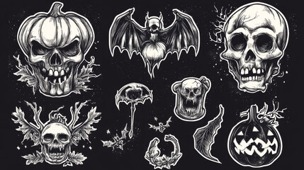 Fototapeta premium Spooky Halloween stickers set featuring skulls, pumpkins, bats, and eerie designs that evoke thrilling atmosphere. Perfect for festive decorations and creative projects