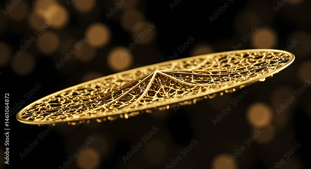 Poster golden filigree disk with abstract design floating on dark bokeh background