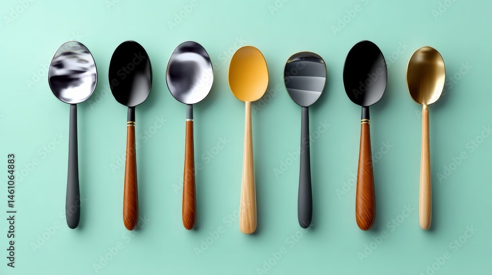 Poster row of spoons with different colors and sizes. the spoons are arranged in a line, with the first spo