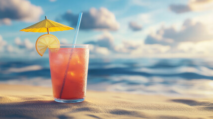Obraz premium Refreshing tropical drink with straw and yellow umbrella, garnished with lemon slice, sits on sandy beach. ocean waves and beautiful sky create serene atmosphere