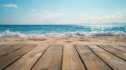 Fototapeta premium serene view of wooden floor on sandy beach, with gentle waves lapping at shore under bright blue sky. This picturesque scene evokes sense of tranquility and relaxation