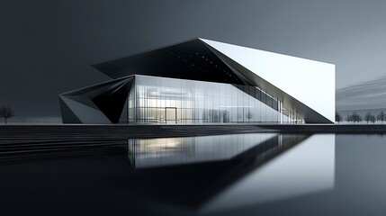 A towering modern building with clean, geometric lines and reflective glass, its imposing design highlighting corporate achievement and urban progress 