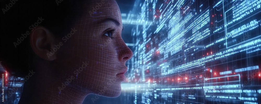Poster a woman is looking at a computer screen with a lot of numbers and lines. concept of technology and t