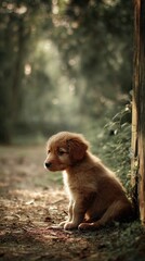 Gentle puppy resting in a sunlit forest path.