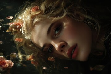 Floating woman's portrait with delicate floral details.