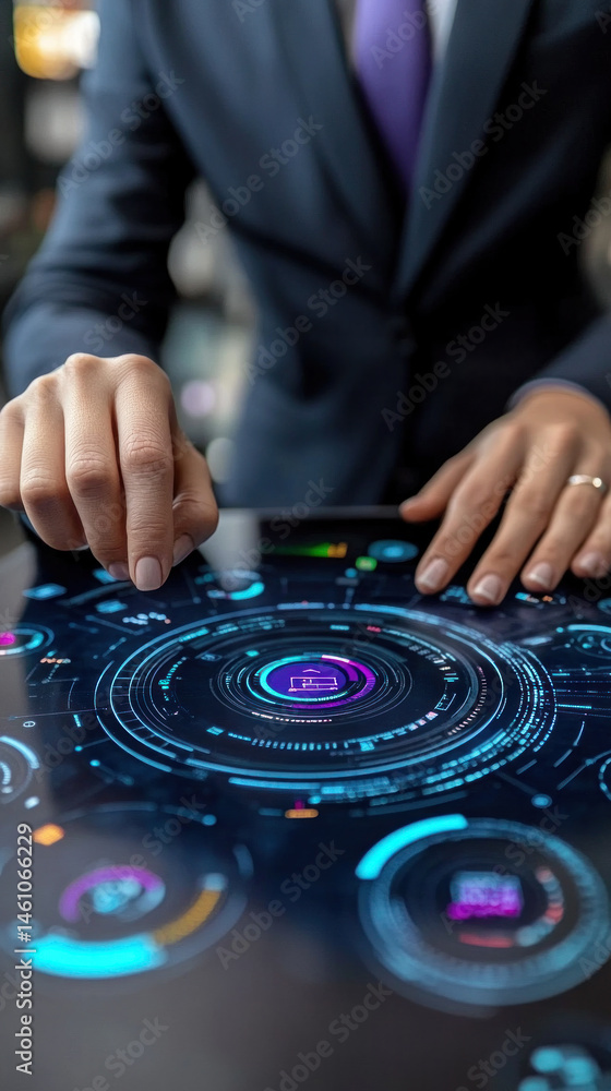 Poster a man is using a tablet with a blue screen that has a circle with a purple dot in the middle