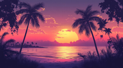 serene panoramic beach landscape featuring palm trees silhouetted against vibrant sunset. warm hues of orange and pink reflect on calm water, creating tranquil atmosphere