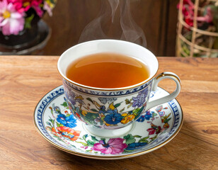 A steaming Singaporean herbal tea served in a traditional Peranakan teacup.