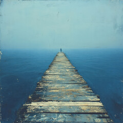 Obraz premium Wooden pier stretching into endless ocean under vibrant sunset, silhouetted against colorful sky with seagulls flying overhead.