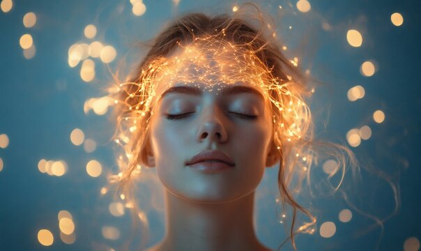 Young woman in a meditative pose with neural connections glowing around her head representing mindfulness inner peace and the power of meditation on the brains health,



