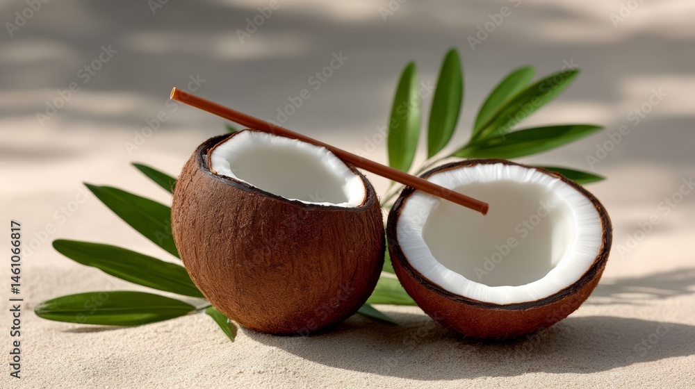 Poster two coconuts with a stick in the middle. the coconuts are open and the stick is in the middle of the