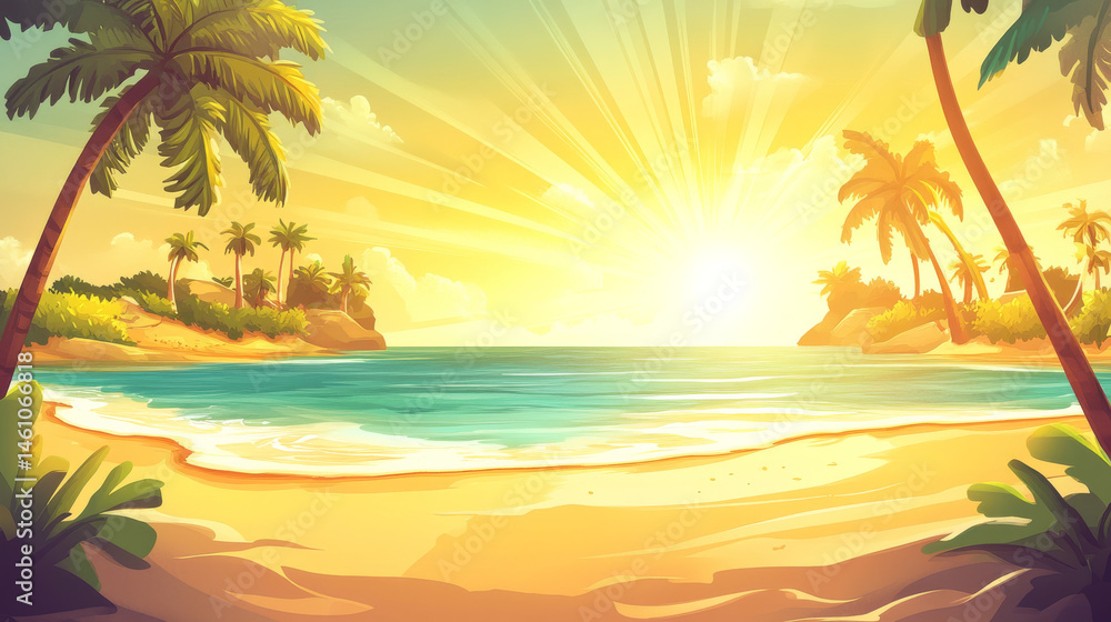 Wall mural serene summer background featuring golden beach illuminated by rays of sunlight, with palm trees fra