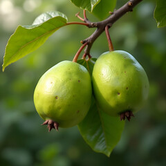 green guava fruits on tree branch with speckled skin texture, natural imperfections, lush leaves, tropical orchard detail, organic fresh produce, botanical close-up scene, photorealistic