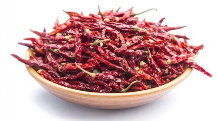 Fototapeta premium Dried red chili peppers in a wooden bowl.