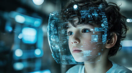 A young boy is looking at a computer screen with a blue screen protector on it. The boy is wearing a blue helmet that covers his face. The scene is futuristic