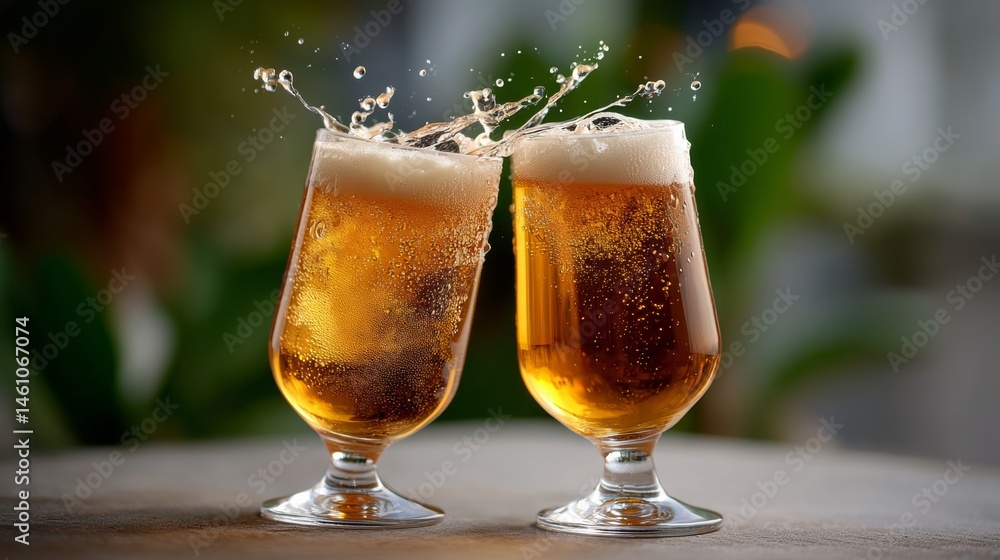 Poster two glasses of beer are poured into each other, creating a frothy and bubbly effect. concept of fun 
