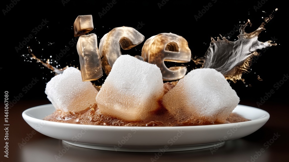 Poster plate of ice cubes with the word ice written in the air above them. concept of playfulness and fun, 