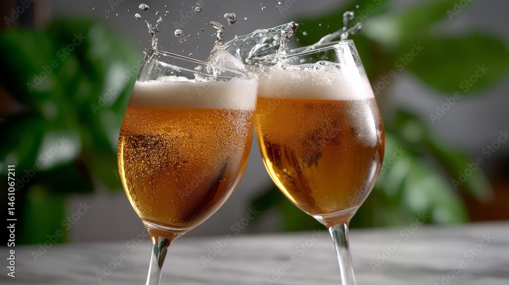 Poster two glasses of beer are poured into each other, creating a frothy foam. the glasses are placed on a 