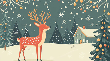 cheerful deer stands in snowy landscape, surrounded by festive trees and cozy house. Snowflakes fall gently, creating magical winter scene filled with holiday spirit