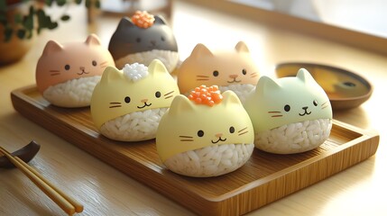 Obraz premium Adorable pastel sushi-shaped cats with rice bodies and fish toppings arranged on a wooden tray with soft lighting