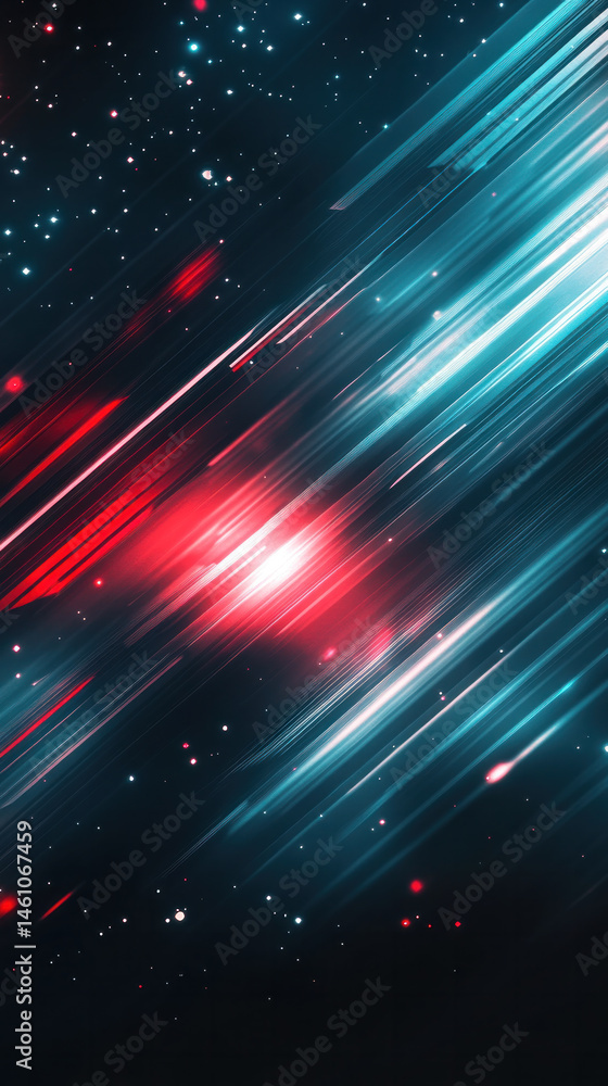 Poster a blue and red striped background with a red star in the middle. the image is of a galaxy with a bri
