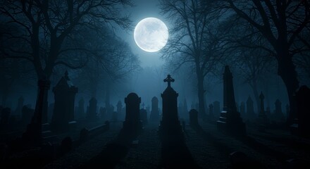 Eerie Graveyard Under Full Moon Surrounded by Barren Trees at Night