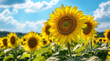 Fototapeta premium Bright sunflowers in summer landscape create vibrant scene filled with joy and warmth. golden petals and green leaves reflect beauty of nature under clear blue sky