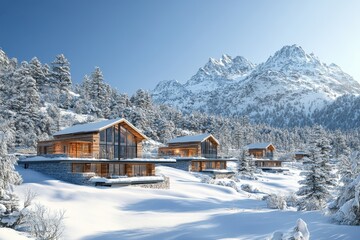 Luxury chalets sit amongst snow-covered pines and a majestic mountain range. Showcase alpine architecture, vacation rentals, or winter getaway ads.