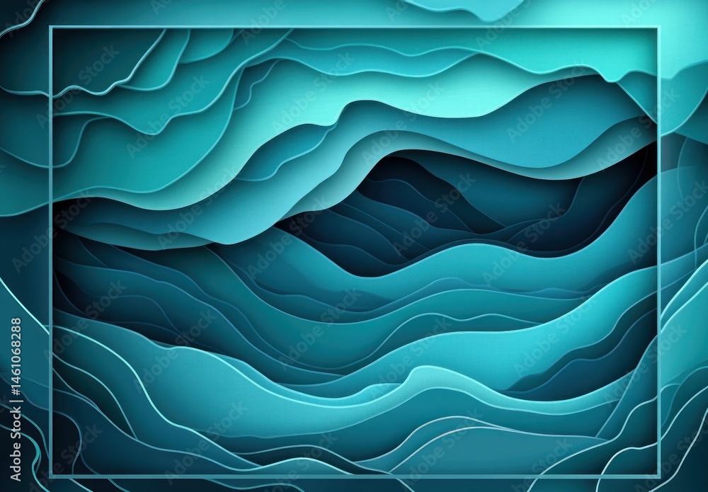 Poster waves of abstract blue layers with elegant lines and depth in a minimalist style