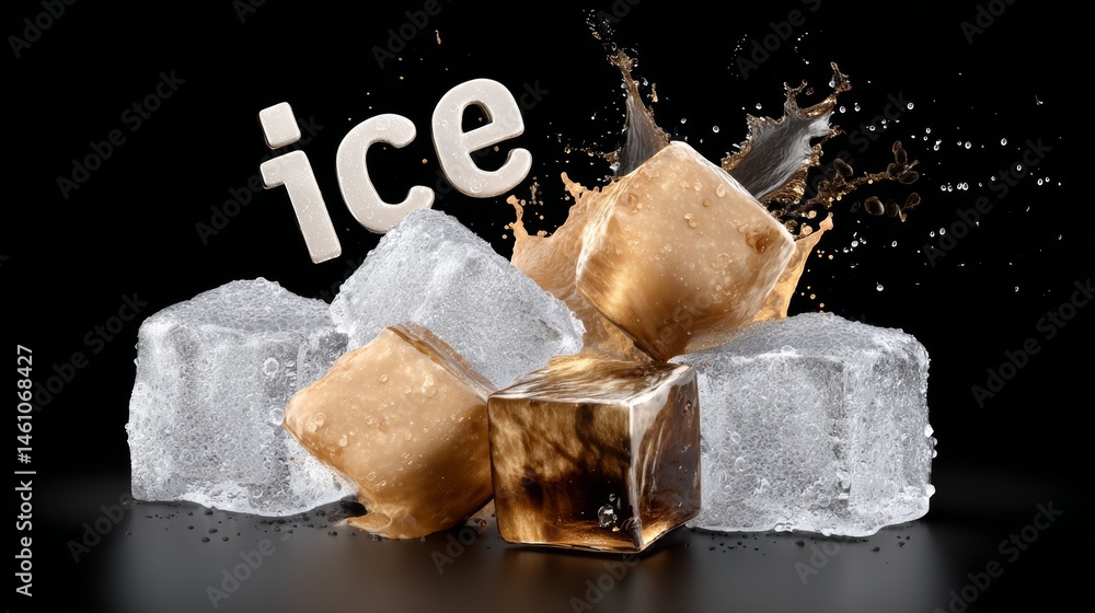 Poster close up of ice cubes with the word ice written on top. the ice cubes are scattered around the word,