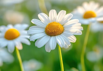 Naklejka premium Close-Up View of White Daisy Flower with Yellow Center Surrounded by Blurred Green Background in Springtime Blooming Garden
