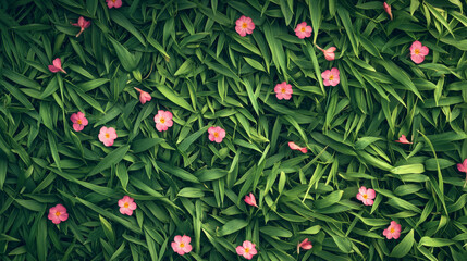 Obraz premium Fresh grass with delicate pink flowers creates vibrant spring or summer background, evoking sense of tranquility and natural beauty