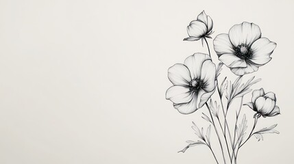 Elegant black and white flower sketch, artistic floral illustration, minimalist background, perfect for prints, cards, or websites