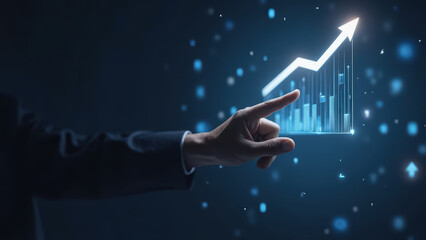 A businessman's hand pointing towards a futuristic financial chart, symbolizing growth, success, and innovation in the digital economy and metaverse technology