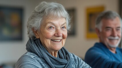 Joyful elderly woman and smiling senior man participating in a cheerful fitness class for seniors indoors