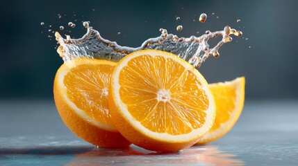 Splash of water is falling on top of two oranges. The oranges are cut in half and are sitting on a table