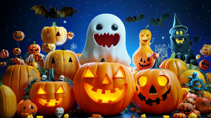 Halloween themed scene featuring variety of carved pumpkins, playful ghost, and spooky decorations. vibrant colors and festive atmosphere evoke sense of fun and excitement