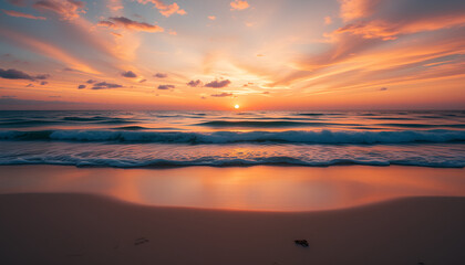 Obraz premium Dramatic Sunset Over Ocean Waves Reflecting on Sandy Beach