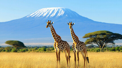 Two Giraffe in the Savannah Field Background. Ai generated.
