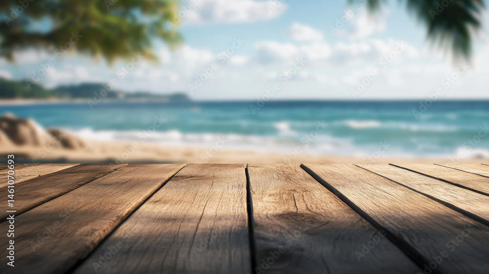 Wall mural serene view of empty wooden planks overlooking blurred beach and sea, evoking sense of tranquility a