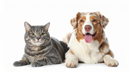 Cute domestic dog and adorable young fluffy cat sitting together on white