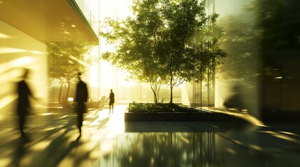 Defocused movement of people in a sleek office building, green trees visible through large windows and sunlight streaming in, symbolizing eco-friendly values 